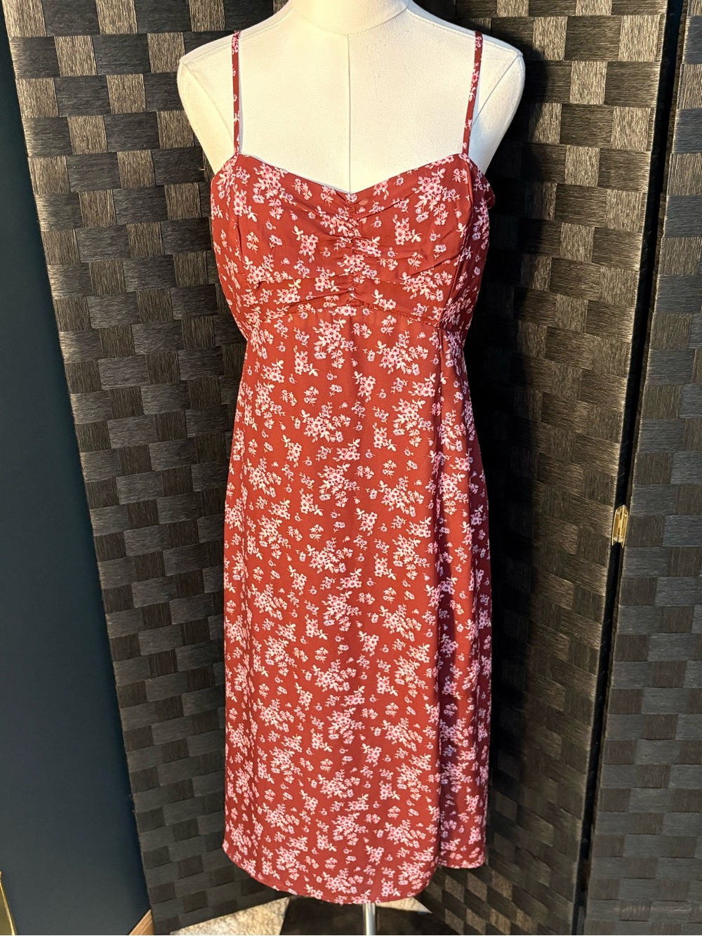Lola Grace Floral Midi Dress Red Cottagecore Spaghetti Strap With Slit